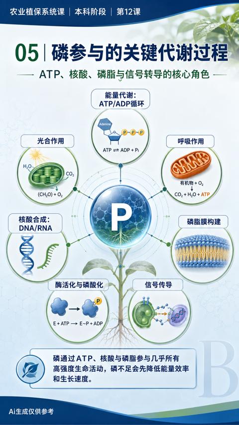 05|磷参与的关键代谢过程（高强度生命活动，磷不足会先降低能量效率）｜华昇金玛植保系统课技术图