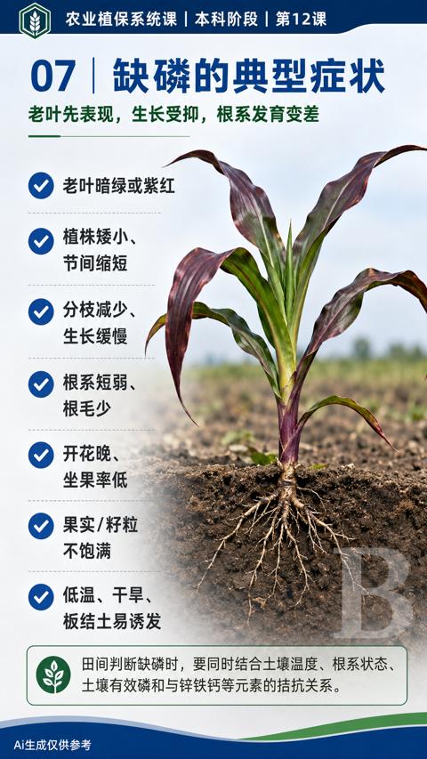 07 |缺磷的典型症状（田间判断缺磷时，要同时结合土壤温度、根系状态）｜华昇金玛植保系统课技术图