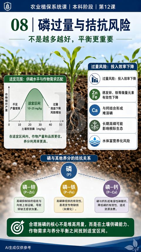 08 磷过量与拮抗风险（合理施磷的核心不是堆高用量，而是在土壤供磷能力）｜华昇金玛植保系统课技术图