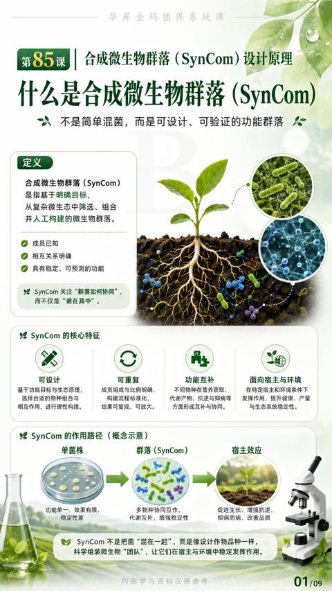 什么是合成微生物群落（SynCom）（SynCom 不是把菌“混在一起”，而是像设计作物品种一样）｜华昇金玛植保系统课技术图