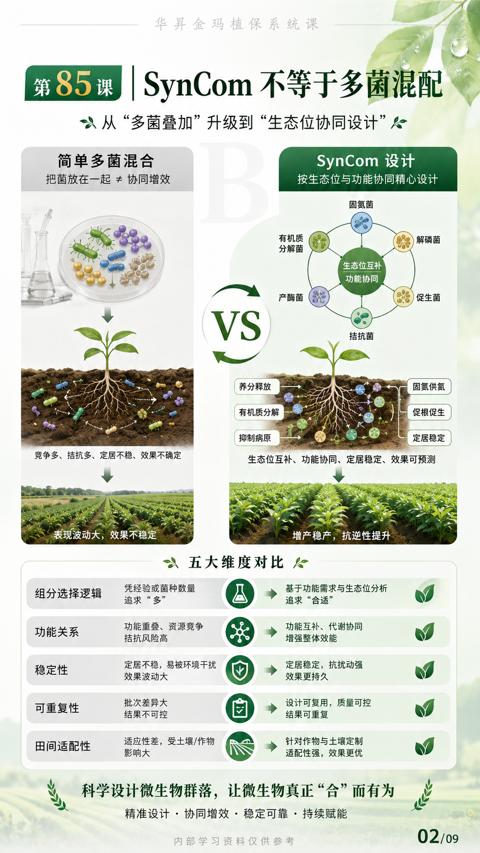 SynCom 不等于多菌混配（生态位互补、功能协同、定居稳定、效果可预测）｜华昇金玛植保系统课技术图