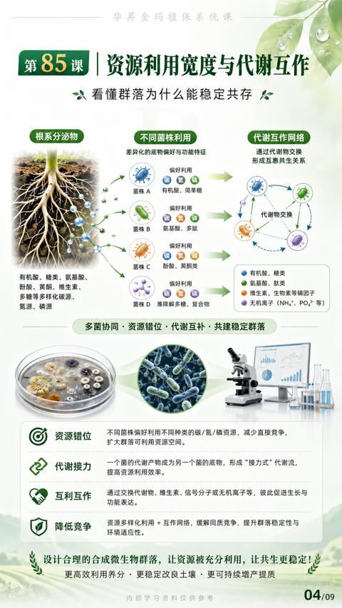 资源利用宽度与代谢互作（通过交换代谢物、维生素、信号分子或无机离子等，彼此促进生长与）｜华昇金玛植保系统课技术图