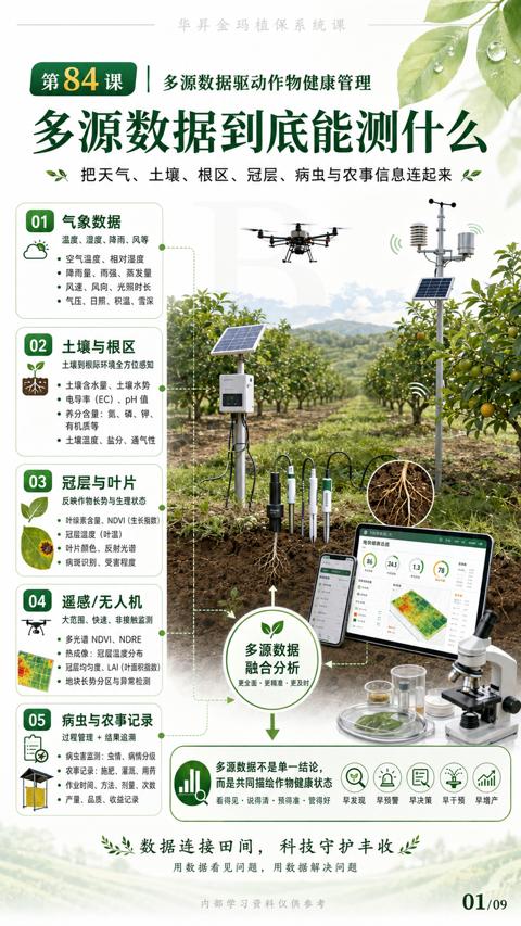 多源数据到底能测什么（把天气、土壤、根区、冠层、病虫与农事信息连起来）｜华昇金玛植保系统课技术图