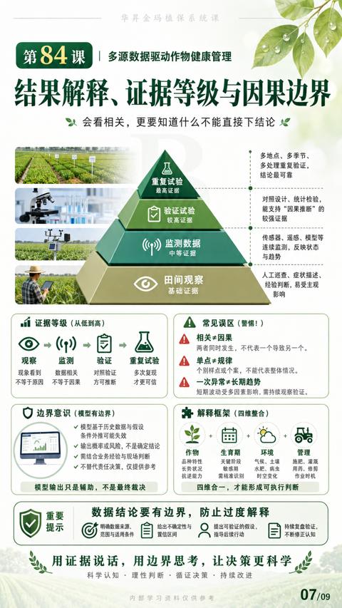 结果解释、证据等级与因果边界（短期波动受多因素影响，需持续观察验证）｜华昇金玛植保系统课技术图