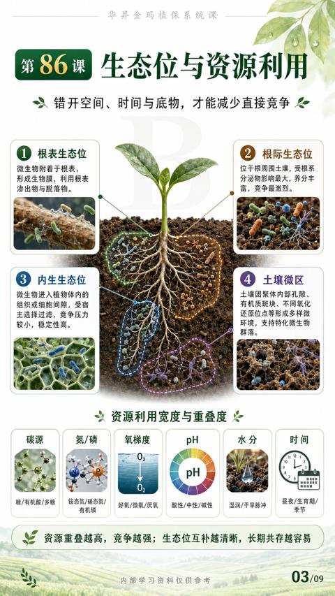 生态位与资源利用（资源重叠越高，竞争越强；生态位互补越清晰，长期共存越容易）｜华昇金玛植保系统课技术图