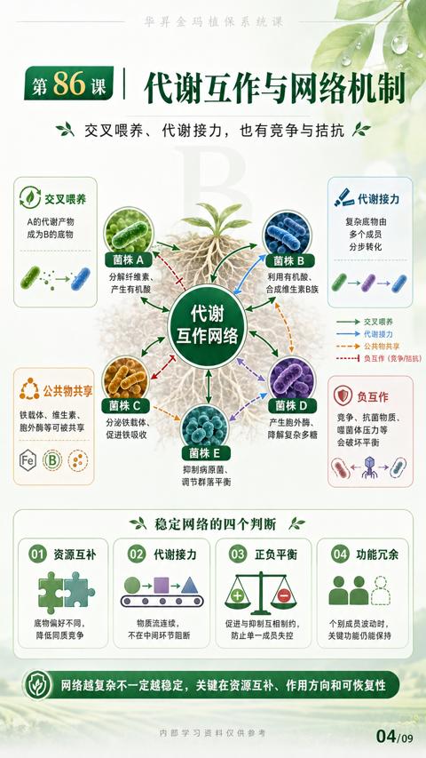 代谢互作与网络机制（网络越复杂不一定越稳定，关键在资源互补、作用方向和可恢复性）｜华昇金玛植保系统课技术图
