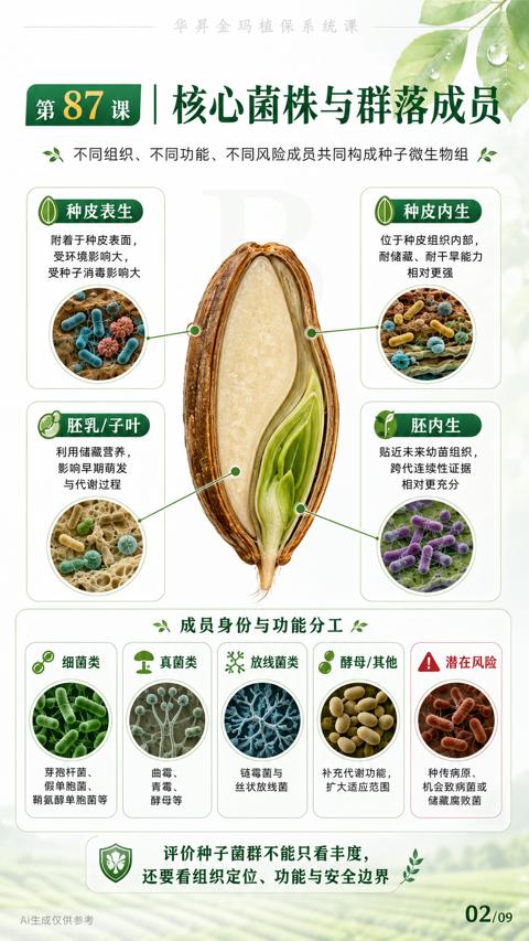 核心菌株与群落成员（不同组织、不同功能、不同风险成员共同构成种子微生物组）｜华昇金玛植保系统课技术图