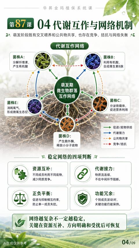 04 代谢互作与网络机制（关键在资源互补、方向明确和受扰后可恢复）｜华昇金玛植保系统课技术图