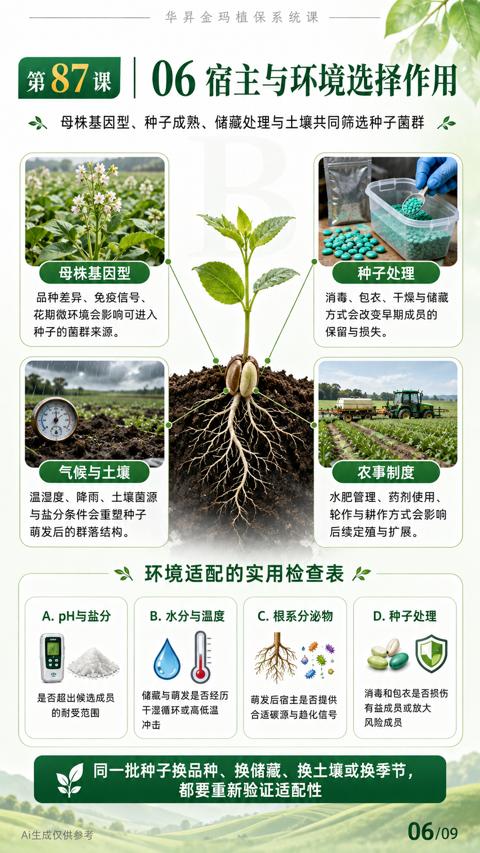 06 宿主与环境选择作用（母株基因型、种子成熟、储藏处理与土壤共同筛选种子菌群）｜华昇金玛植保系统课技术图