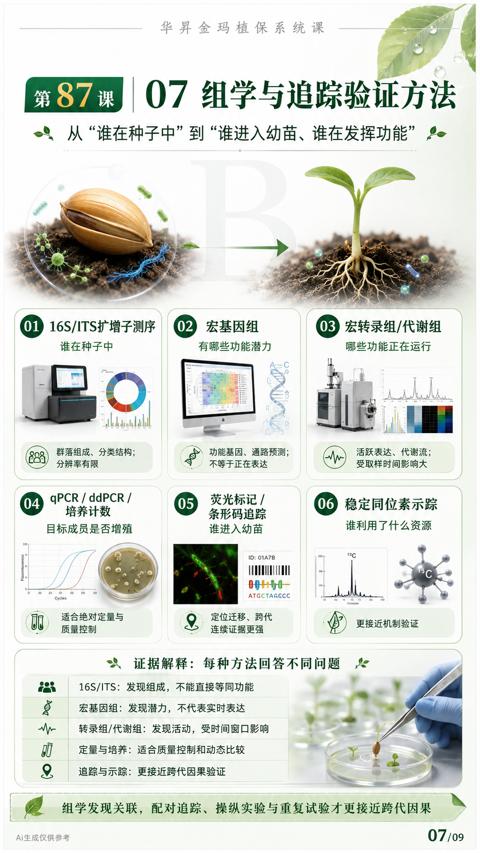 07 组学与追踪验证方法（组学发现关联，配对追踪、操纵实验与重复试验才更接近跨代因果）｜华昇金玛植保系统课技术图