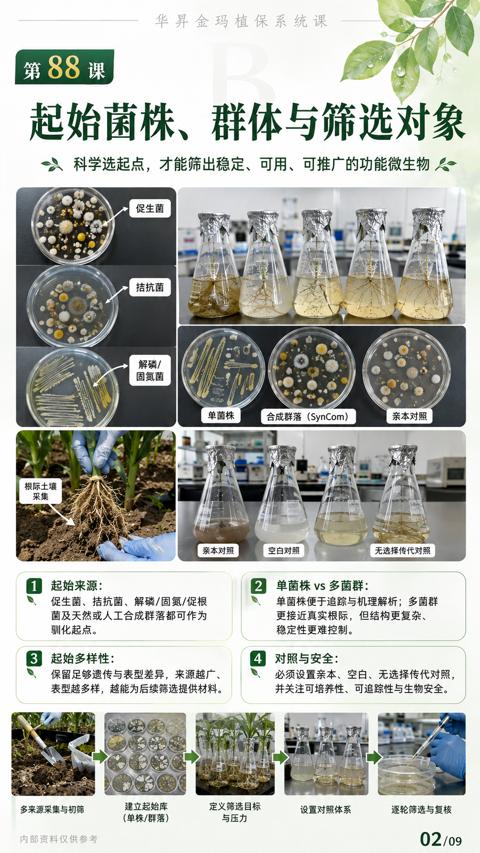起始菌株、群体与筛选对象（科学选起点，才能筛出稳定、可用、可推广的功能微生物尽）｜华昇金玛植保系统课技术图