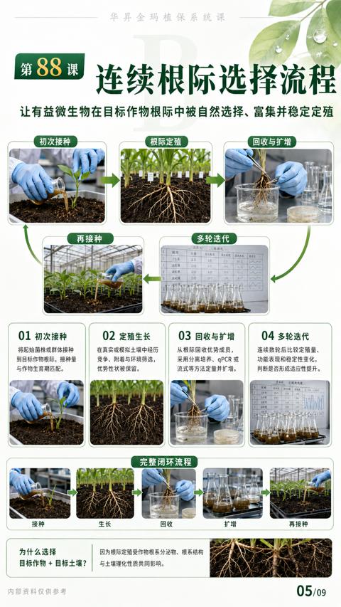 连续根际选择流程（让有益微生物在目标作物根际中被自然选择、富集并稳定定殖）｜华昇金玛植保系统课技术图