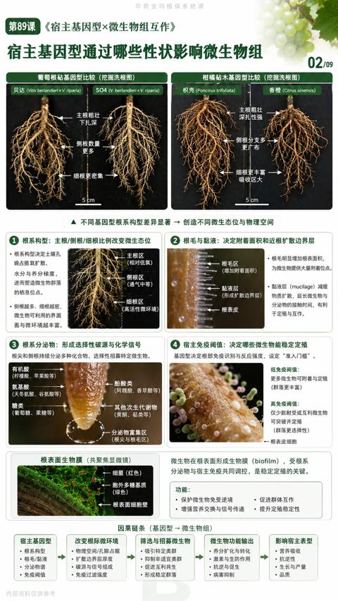 宿主基因型通过哪些性状影响微生物组（根尖和侧根持续分泌多种化合物，选择性招募特定微生物）｜华昇金玛植保系统课技术图