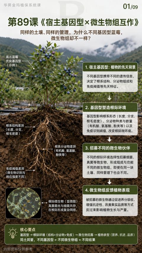 第89课《宿主基因型×微生物组互作（同样的土壤、同样的管理，为什么不同基因型蓝莓）｜华昇金玛植保系统课技术图