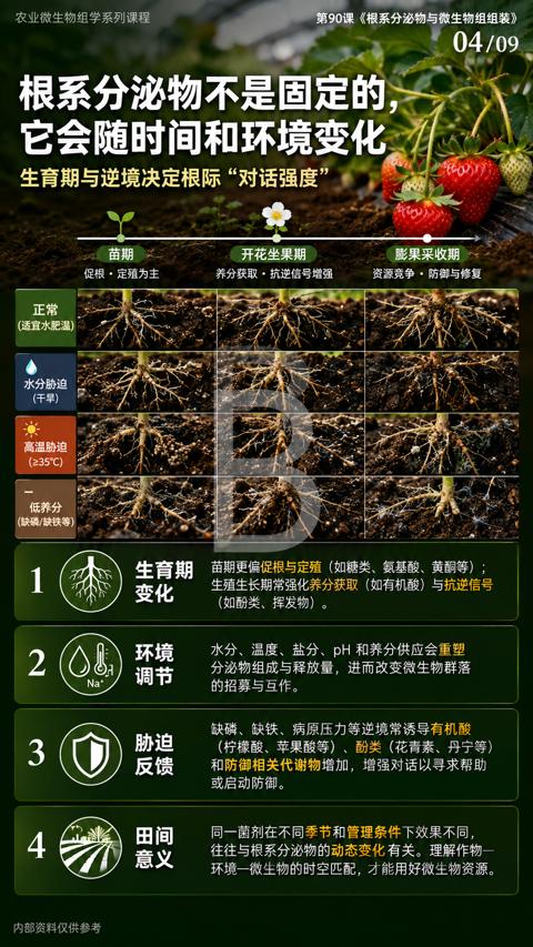 它会随时间和环境变化（苗期更偏促根与定殖（如糖类、氨基酸、黄酮等））｜华昇金玛植保系统课技术图