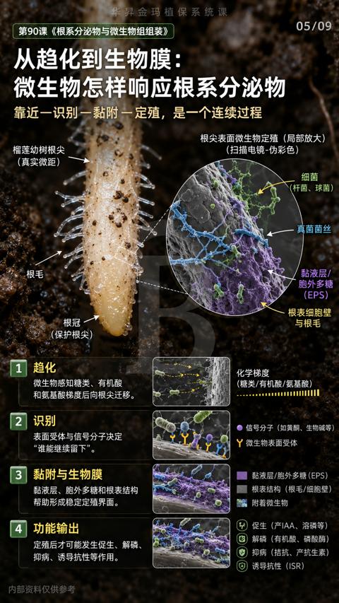 从趋化到生物膜（靠近一识别一黏附一定殖，是一个连续过程）｜华昇金玛植保系统课技术图