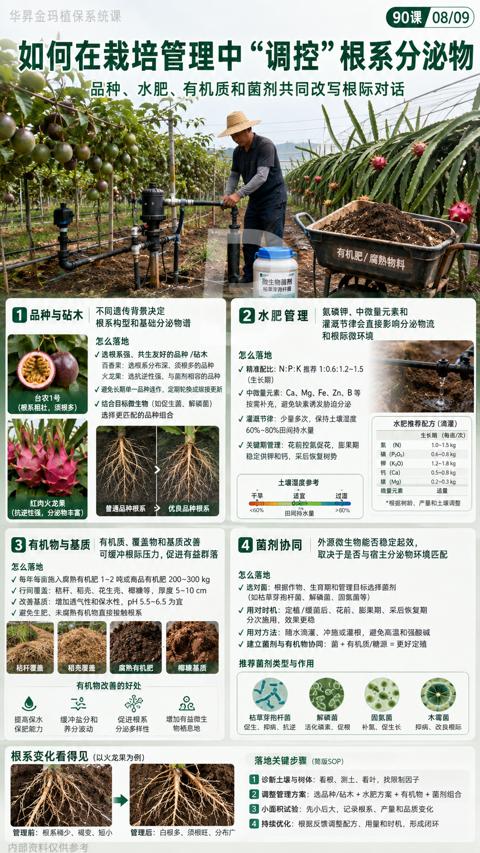 如何在栽培管理中“调控”根系分泌物（品种、水肥、有机质和菌剂共同改写根际对话）｜华昇金玛植保系统课技术图