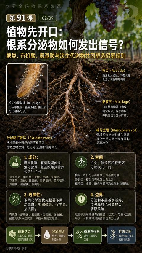 根系分泌物如何发出信号（糖类、有机酸、氨基酸与次生代谢物共同塑造招募规则）｜华昇金玛植保系统课技术图