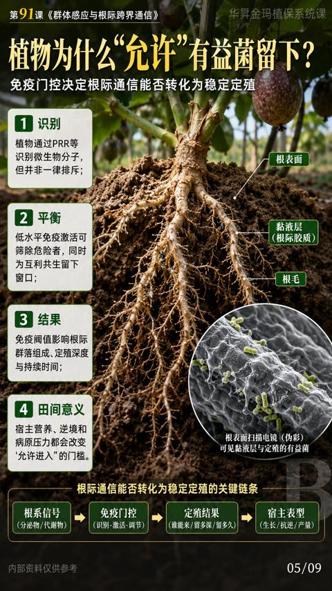 植物为什么“允许“有益菌留下（免疫门控决定根际通信能否转化为稳定定殖）｜华昇金玛植保系统课技术图