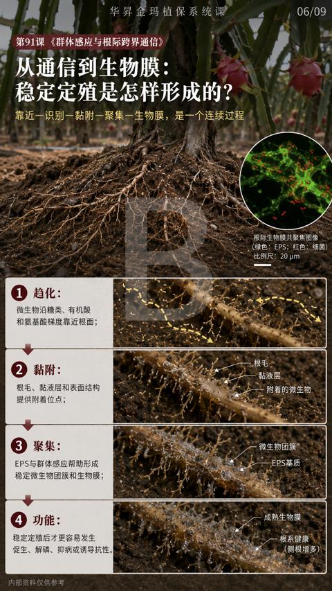 稳定定殖是怎样形成的（靠近一识别一黏附一聚集一生物膜，是一个连续过程）｜华昇金玛植保系统课技术图