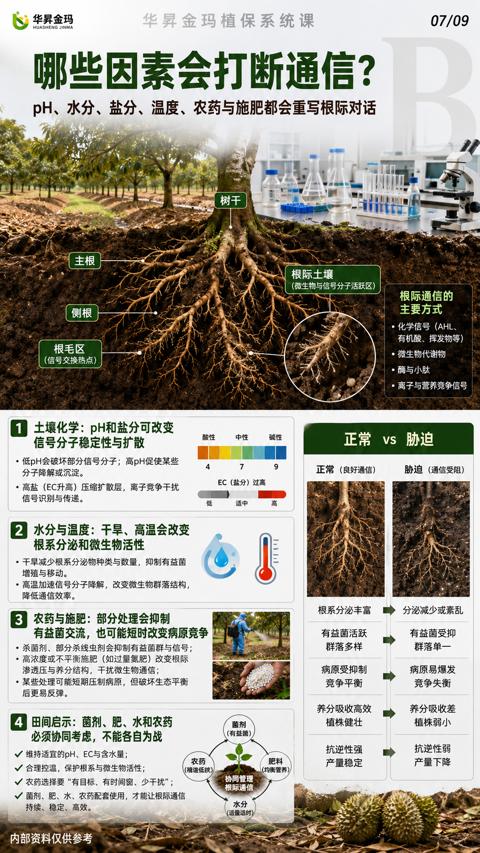 哪些因素会打断通信（pH、水分、盐分、温度、农药与施肥都会重写根际对话）｜华昇金玛植保系统课技术图
