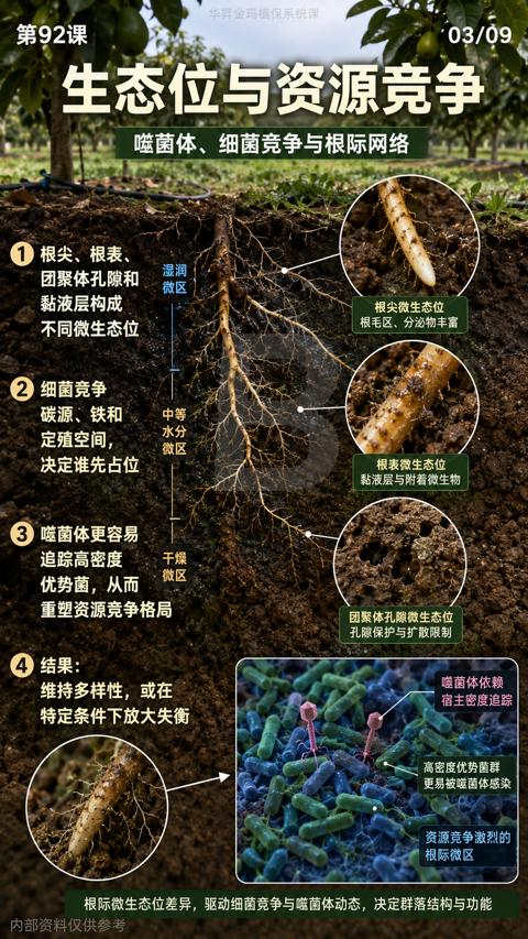 生态位与资源竞争（根际微生态位差异，驱动细菌竞争与噬菌体动态，决定群落结构与功能）｜华昇金玛植保系统课技术图