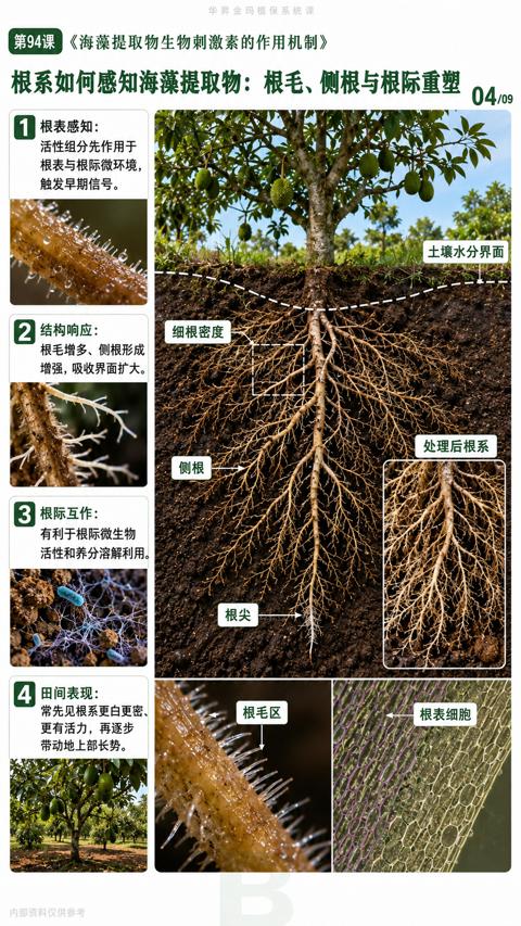 根系如何感知海藻提取物：根毛、侧根与根际重塑｜华昇金玛植保系统课技术图