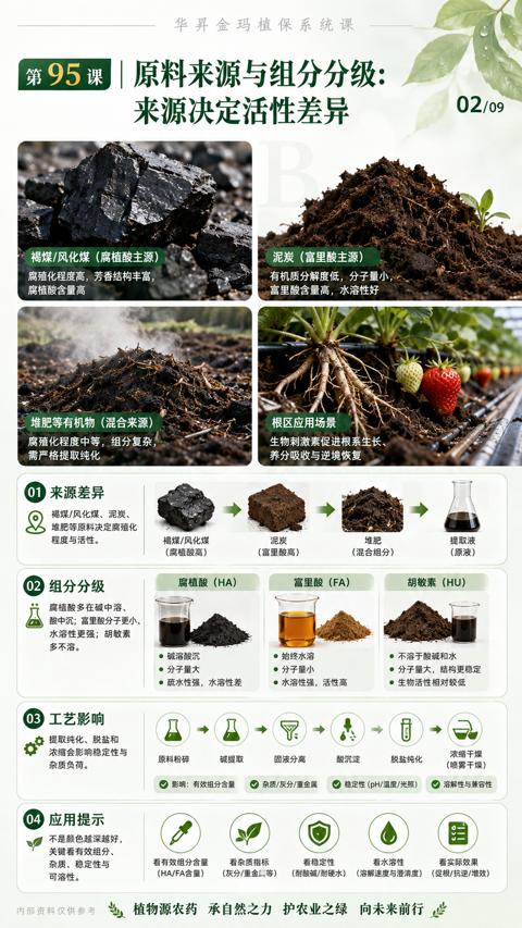 原料来源与组分分级（腐殖化程度高，芳香结构丰富）｜华昇金玛植保系统课技术图