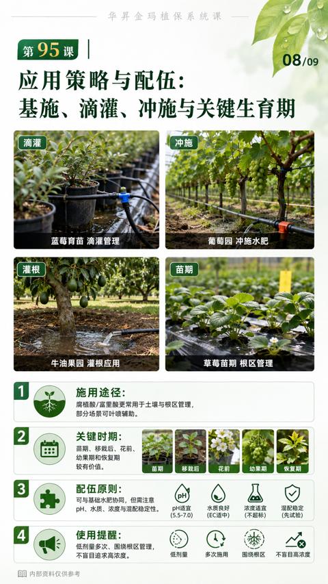 基施、滴灌、冲施与关键生育期（pH、水质、浓度与混配稳定性）｜华昇金玛植保系统课技术图